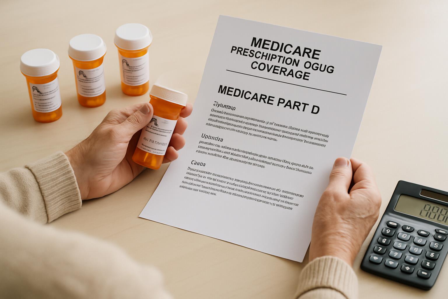 Senior reviewing Medicare Part D prescription coverage documents with medication bottles
