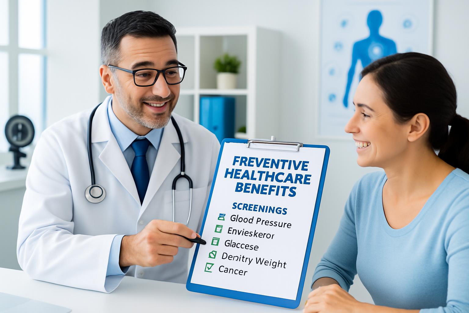 Doctor reviewing preventive healthcare benefits checklist with patient