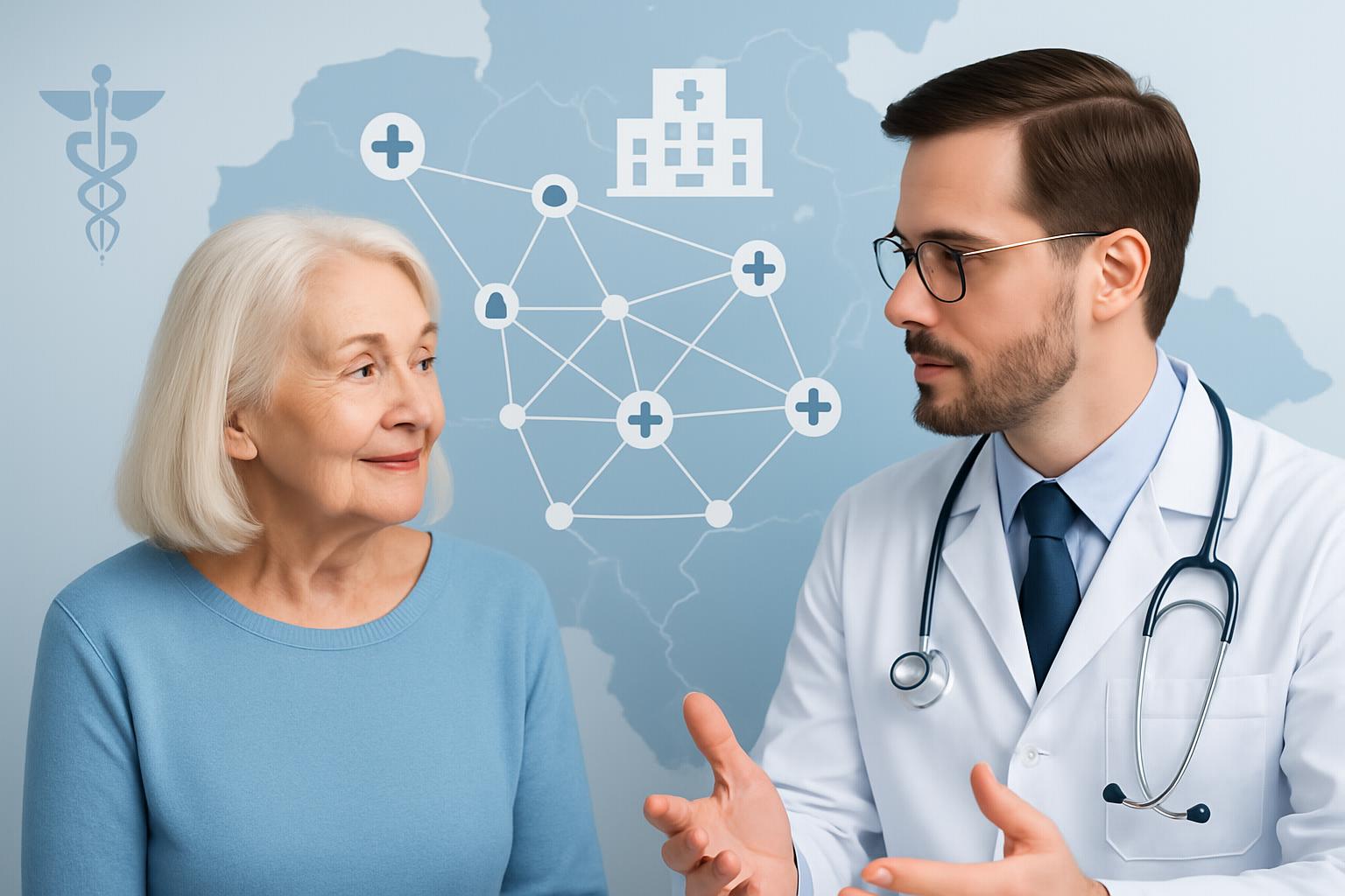 Senior woman consulting with doctor with provider network visualization in background